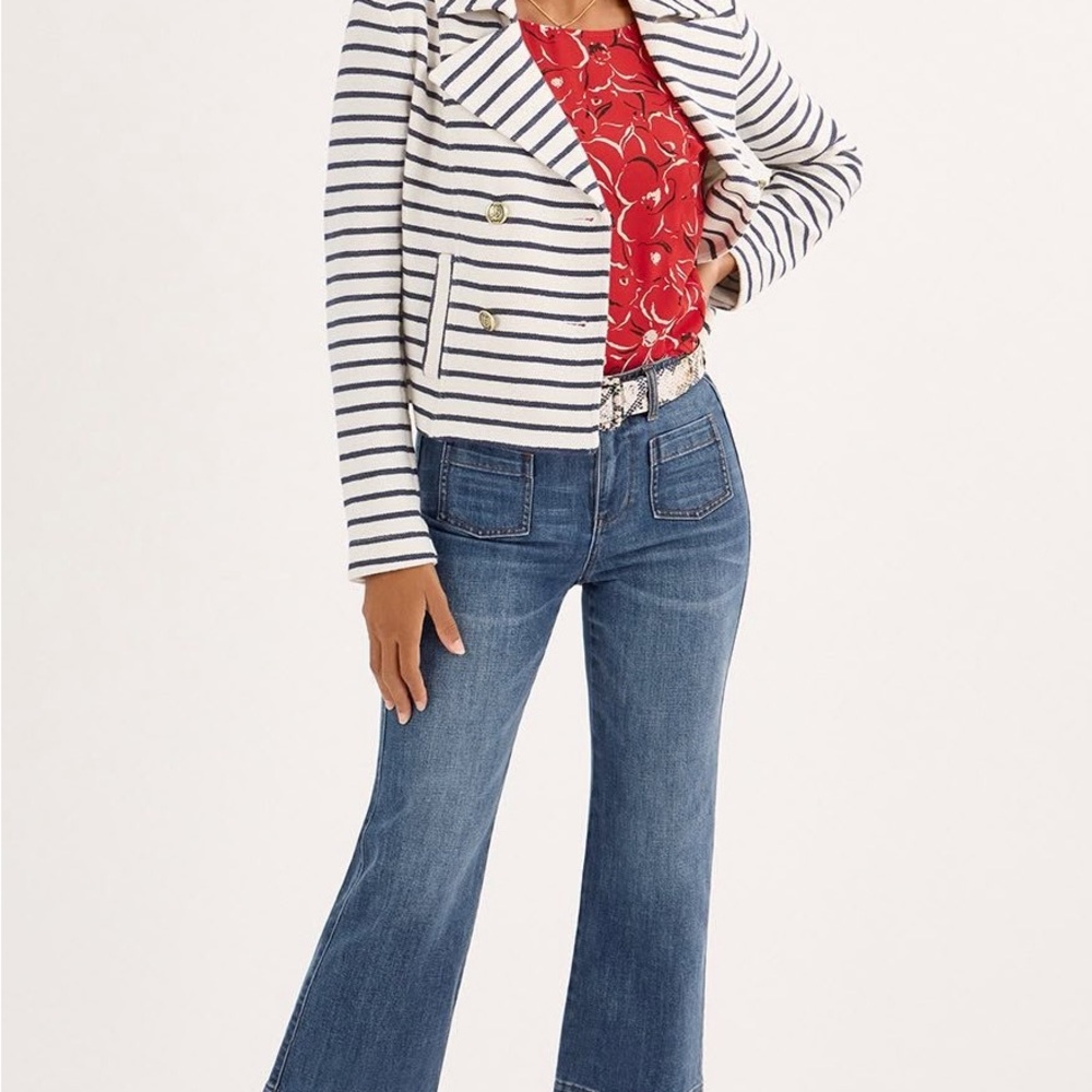 CAbi Women's Navy and Cream Striped Pea Coat Even Keel XXL